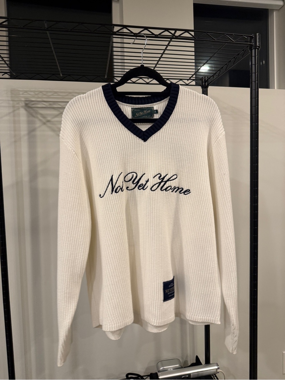 Fear of God Women's Cream V-Neck Sweater with Navy Trim
